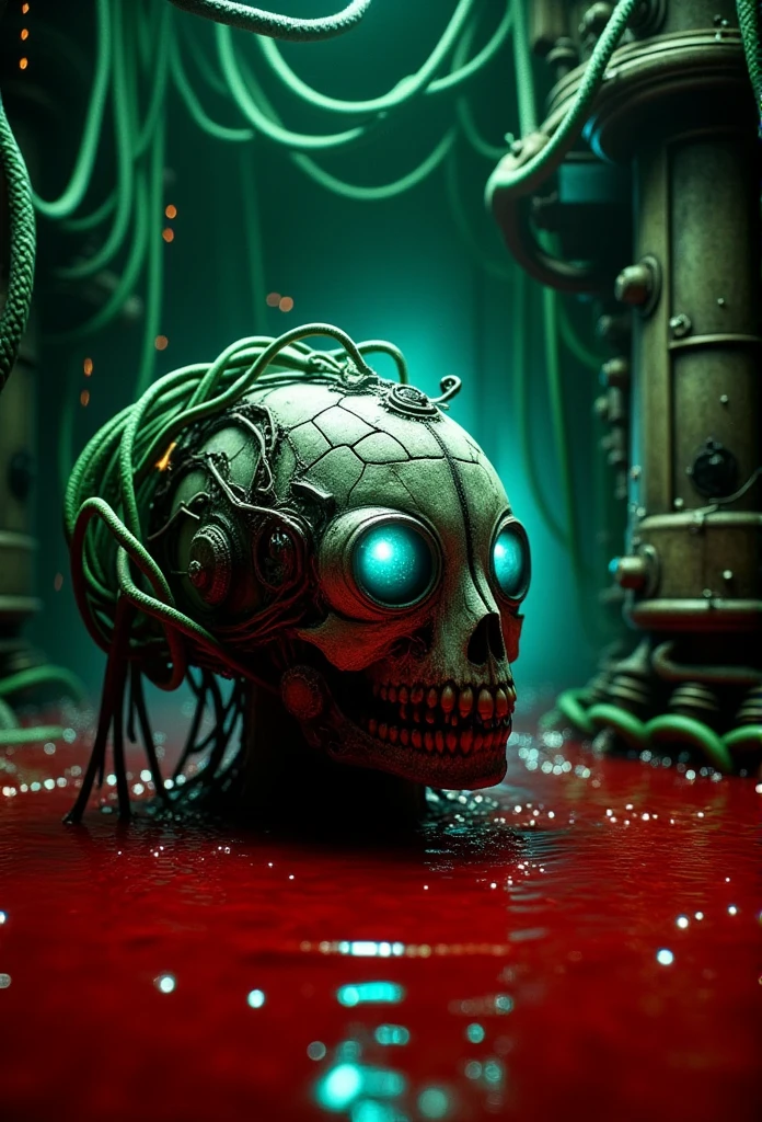 Hyper-realistic 4D image of a dark, gritty industrial setting. A battered, cybernetic head with a mix of metallic and organic textures is partially submerged in a pool of dense, blood-like red liquid. The head features a cracked faceplate and one glowing blue eye, hinting at a haunted, almost human-like presence. Numerous green cables and wires snake out from the back of the head, some sparking slightly, intensifying the ominous feel. The background reveals a maze of thick, tangled green cables hanging from above, casting eerie reflections on the liquid, with faint machinery and vents adding depth to the raw, mechanical atmosphere.