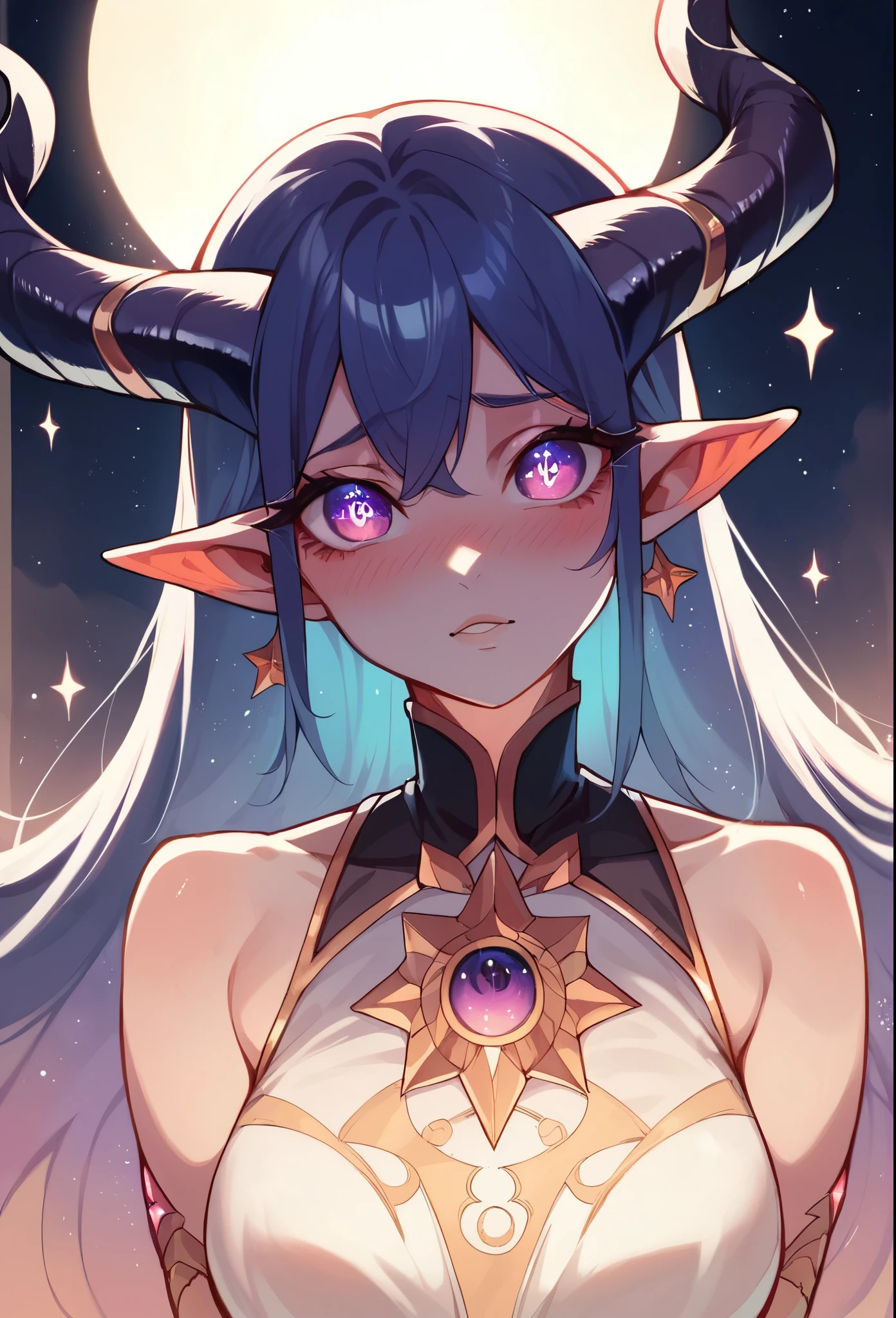 realistic, 1girl, blue hair, horns, multicolored eyes, glowing, blue eye, purple eye, bare shoulders, demon eyes, magic circle, light particles, light rays, wallpaper,