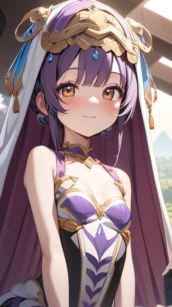 young girl, Long brown hair, Heterochromia, golden and purple eyes, Purple robe, Sleeveless, Deep neckline on the chest, open breasts, open belly, ssmile, Masterpiece, hiquality, high detail, HD, 4k