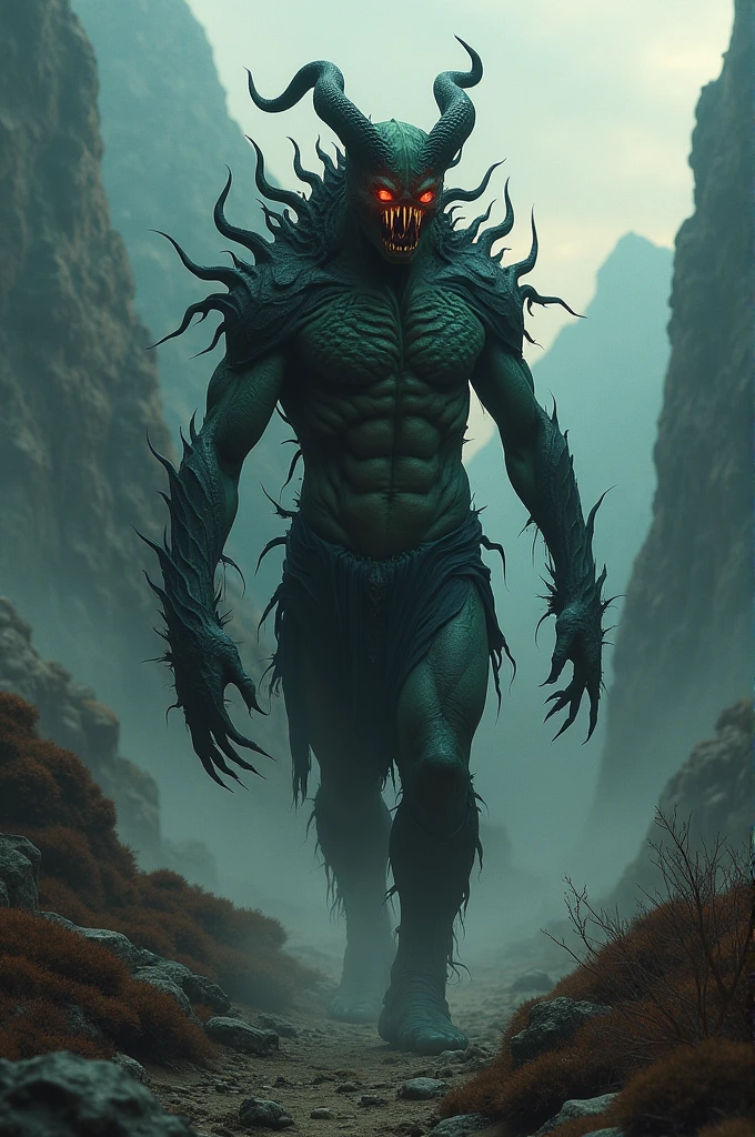 Celtic aquatic being with an asutile and protective air and at the same time frightening with black hair and an animal skull on the face, tall man who lives in the sea and coast of Denmark without armor but like a Celtic mythological being, with silky and soft hair all over his body he became very monstrous and took off his horns
