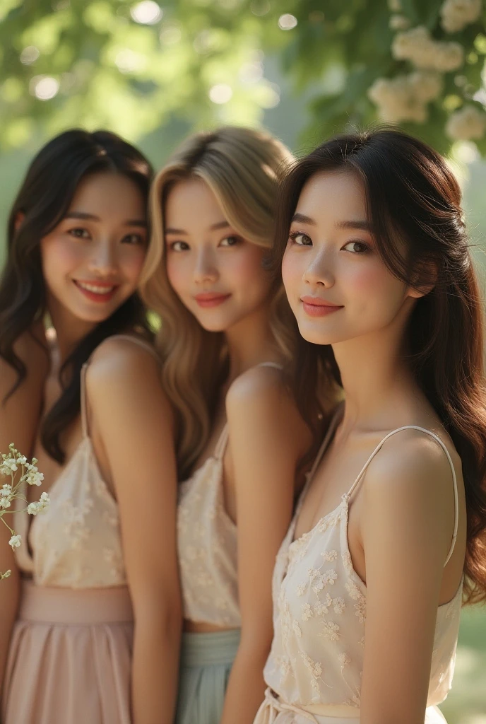Three young women, oriental, idol, beauty, 15 years old, white lace camisole, smiling