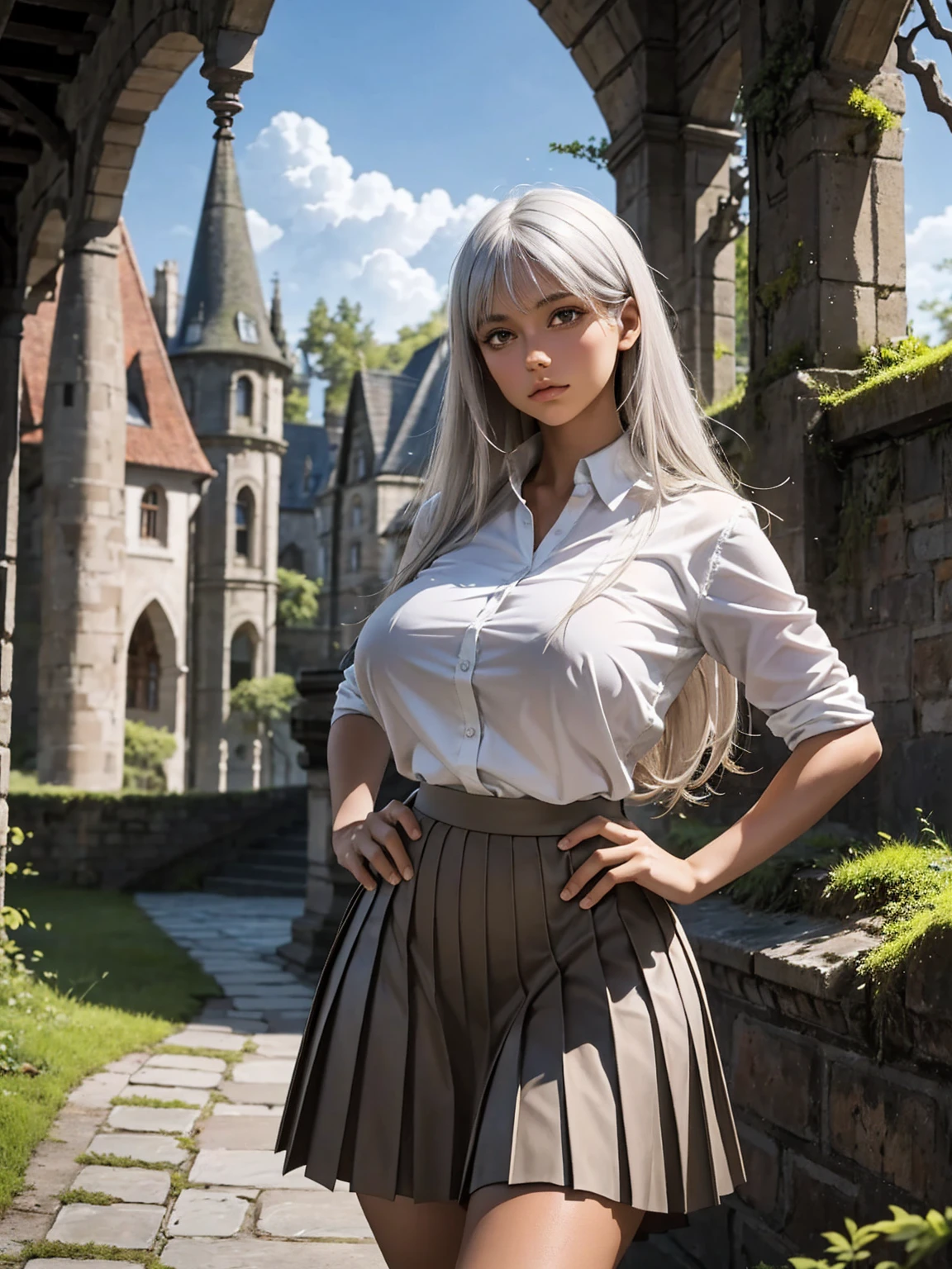 arwen, (brown skin:1.2), (shirt, pleated skirt:1.2), (hands on hip, spread legs:1.1), huge tit, thick thighs, silver hair, fluttering hair, bangs, eyeshadow, long eyelashes, abandoned castle, sky, moss, fern