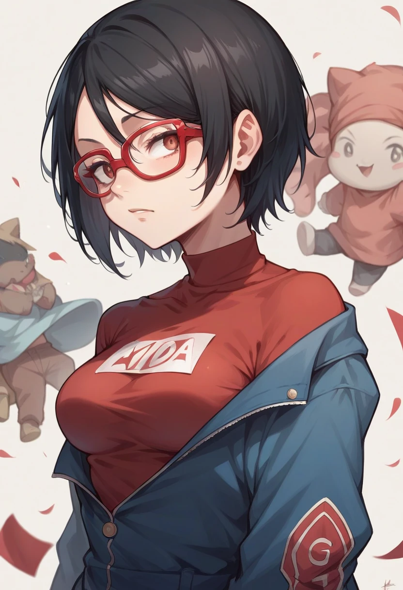 Sarada Uchiha, Character from the series Boruto  ,  short black hair  , wear glasses, his eyes are black,  wears a red shirt like the series a short short medium breasts growing High resolution,  masterpiece ,  lyrics, 