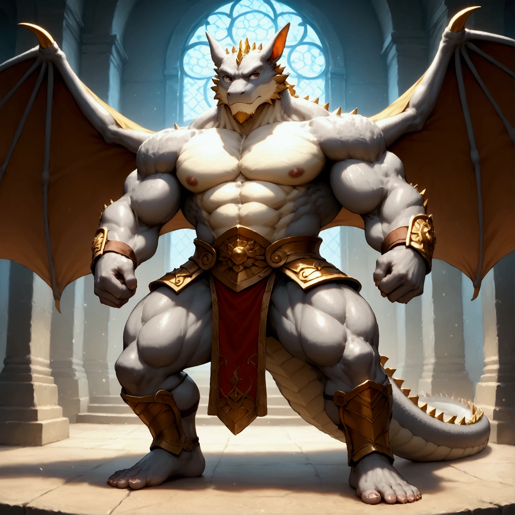 character focus, full body, looking away, dynamic angle, dragon, muscular middle-aged dragon man, silver gray skin, dragon wings, dragon muzzle, dragon face, complete anatomy, perfect proportions, beautiful thigh gap, fluffy body, intricate fur details, beautiful fur texture, BREAK (a detailed dragon one tail), detailed toe, 5toes, 5toes nails, detailed dragon foot, BREAK detailed hands, 5fingers, 5fingers nails, BREAK aesthetic anime face, insanity detailed face, male face, big face, square jawline, aesthetic anime eyes, detailed brown eyes, detailed brown cornea, detailed dark brown irises, detailed pupils, male eyes, big eyes, male eyebrows, innocent look, beautiful beard, BREAK costume clothes, armor, loincloth, perfect composition, fighting, quantum electromagnetic life form force, dynamc pose, BREAK full body in Michelangelo Buonarroti style, housamo style, digital illustration anime, detailed painting landscape, kaleidoscopic swirls, old castle, indoor, full color HDR, BREAK masterpiece, official art, best quality, very aesthetic, absurdres, super fine illustration, great quality, BREAK noise reduction, very highres, large filesize, high quality, 32K, 8k wallpaper, dynamic lighting, BREAK insanity detailed, ultra detailed, intricate details, extremely detailed, detailed texture, an extremely delicate and beautiful, BREAK e621 illustration, osukemo, kemohomo, anthropomorphic, furry, cartoon, harmonious body, pastoral face, virtuous eyes, epic atmosphere