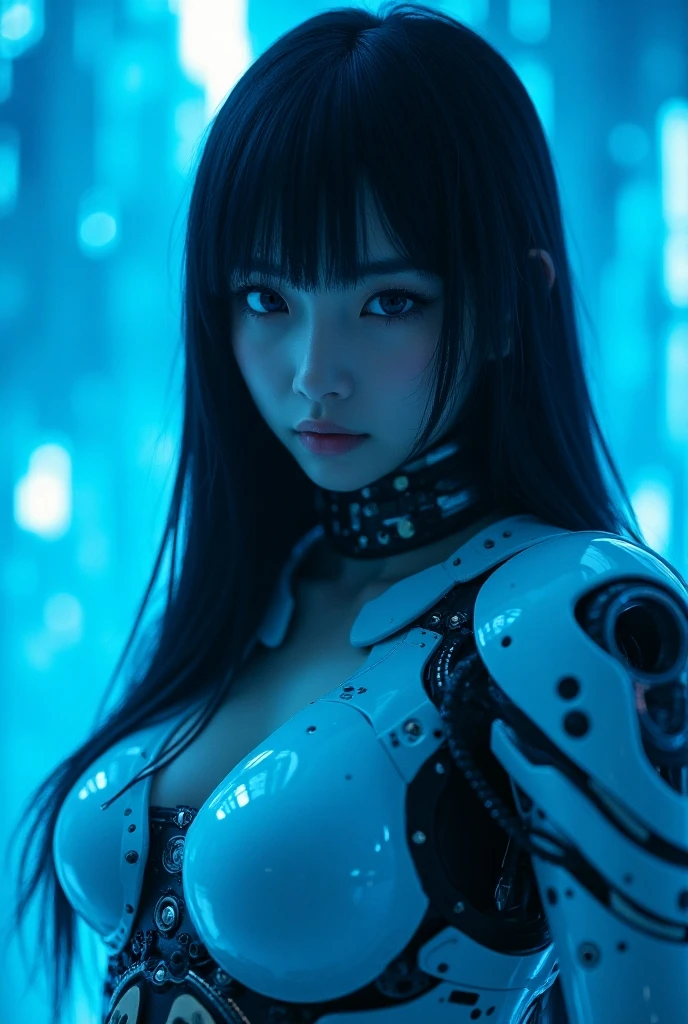 1girl in, 14years, Textured skin, (Portrait photo of the upper body), Super Detail, high details, High quality, Best Quality, hight resolution, 8k resolution, hard disk, Beautiful,(Gundam), Moist blue eyes, deadpan, beautiful cyborg woman, Machine Hand, ((She is naked、Wearing Futuristic Transparent Reinforced Plastic Machine Parts:1.4)), Bust top covered with transparent mecha, (Farbe々Bust on which information is projected:1.4), (Crotch protected by clear plastic), Most of the raw skin is exposed, Almost naked, (pubick hair), perfectly proportions, (Body paint for corporate logos), (Colossal tits), (She carries a lot of weapons on her back:1.4), (sitting on), (Light Silver Long Straight Hair:1.4), headset on head, (((A lot of machines touch her body:1.4))), Background of collapsed buildings, A town engulfed in raging flames, (The blue LED on the bust top glows strongly:1.4),