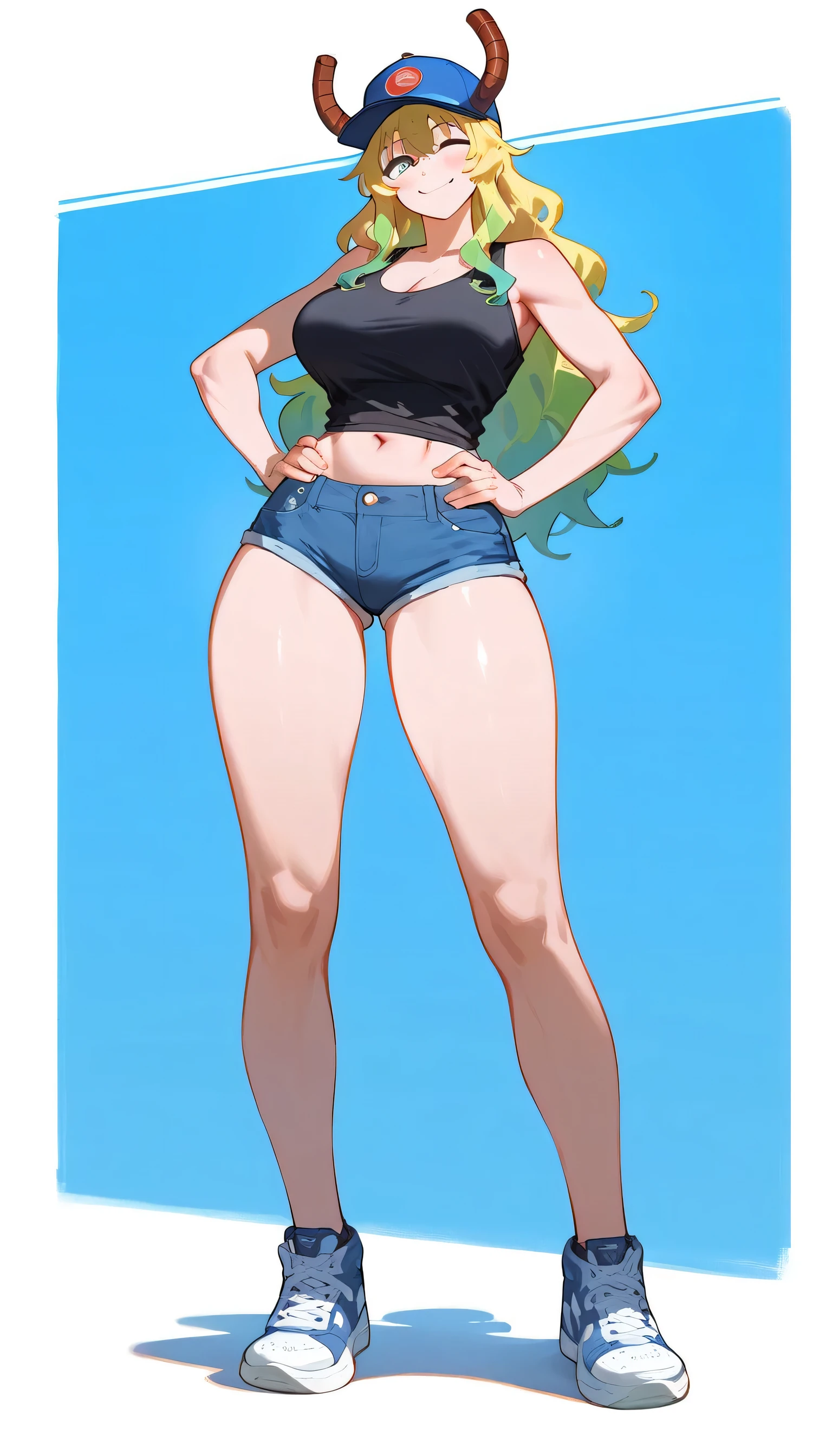 masterpiece, 4k, details, extreme details, high resolution, 1girl, lucoa (Maid Dragon) , smile , baseball cap , dragon horns, black tank top, denim shorts, hands on hips , thigh , long legs , sneakers