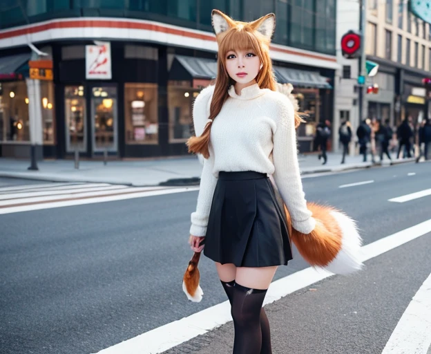 There is a woman wearing a skirt and a fox tail.., foxgirl, Trending on CGSTATION, female furry mini cute style,  Fox tail, beautiful digital works of art, , a beautiful kitsune woman, Furry tail, a picture, top-quality, Small face, long neck, slender