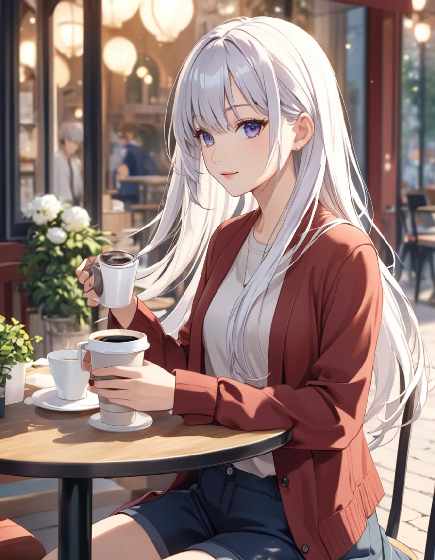 Elaina (Majo no Tabitabi), white hair, long hair, casual clothes, open clothes, shorts, sitting at a cafe table, holding a cup of coffee, facing the viewer, elegant, graceful, 4k quality, anime