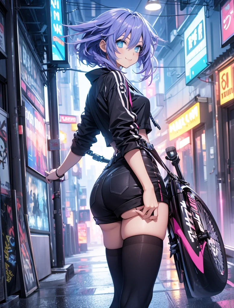 Masterpiece picture quality，Rainbow，Urban girl，ssmile，number art，style of anime，Retro anime girl，Punk girl，in an anime style，dual horsetail，Trendy，neonlight，depth of fields, perfil lateral, adorable, ropa casual