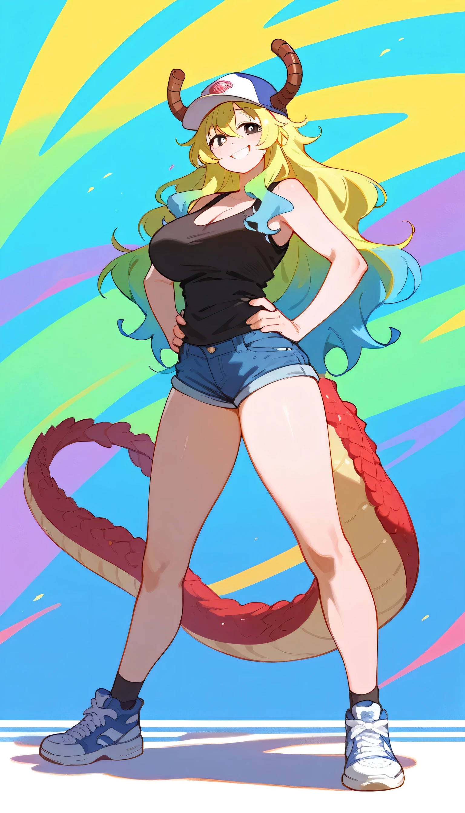 masterpiece, 4k, details, extreme details, high resolution , 1girl, lucoa (Maid Dragon) , smile , baseball cap , dragon horns, black tank top, denim shorts, hands on hips , thigh , long legs , sneakers