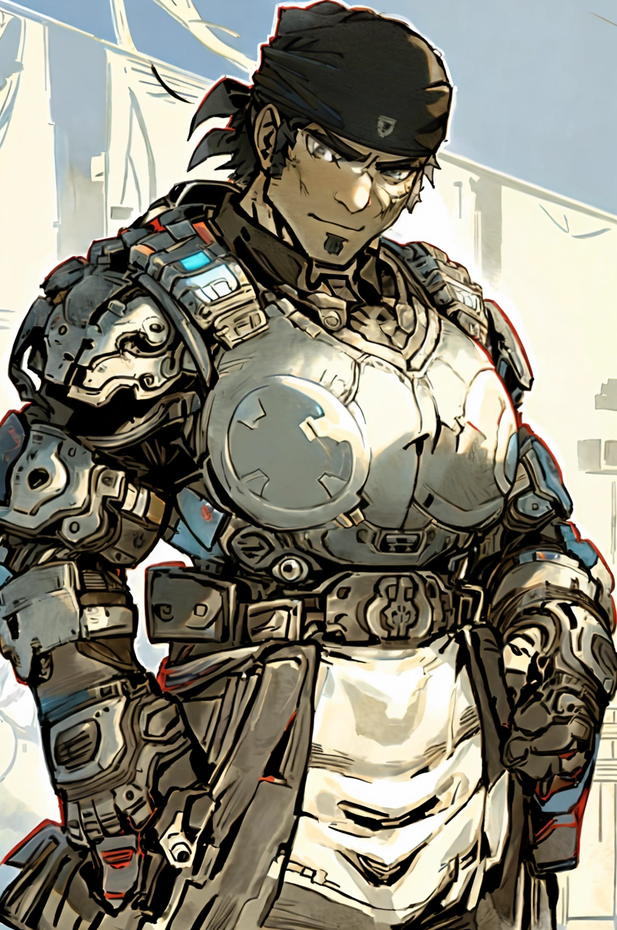 Marcus phoenix from gears of war is he was a cute Japanese maid ((maid dress)), traje negro y blanco con olanes, black headband, Large chest , anatómico correcto 