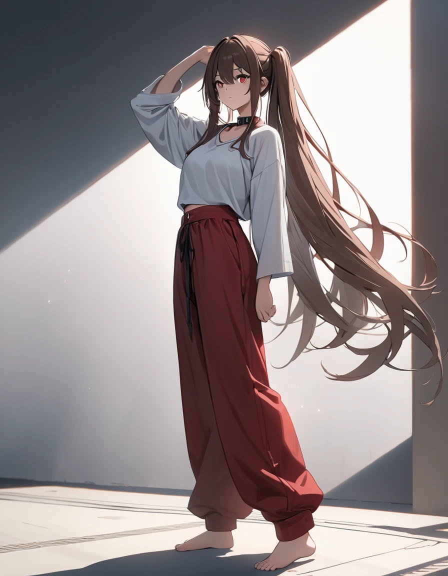 A girl with a collar, baggy pants, barefoot, (best quality,4k,8k,highres,masterpiece:1.2),ultra-detailed, moody lighting,dramatic shadows,warm soft colors,cinematic, red pants , whole body, dynamic pose,full body shot, dynamic pose, white background,hutao, long hair, bangs, brown hair, red eyes, hair between eyes, twintails, sidelocks, symbol-shaped pupils,
