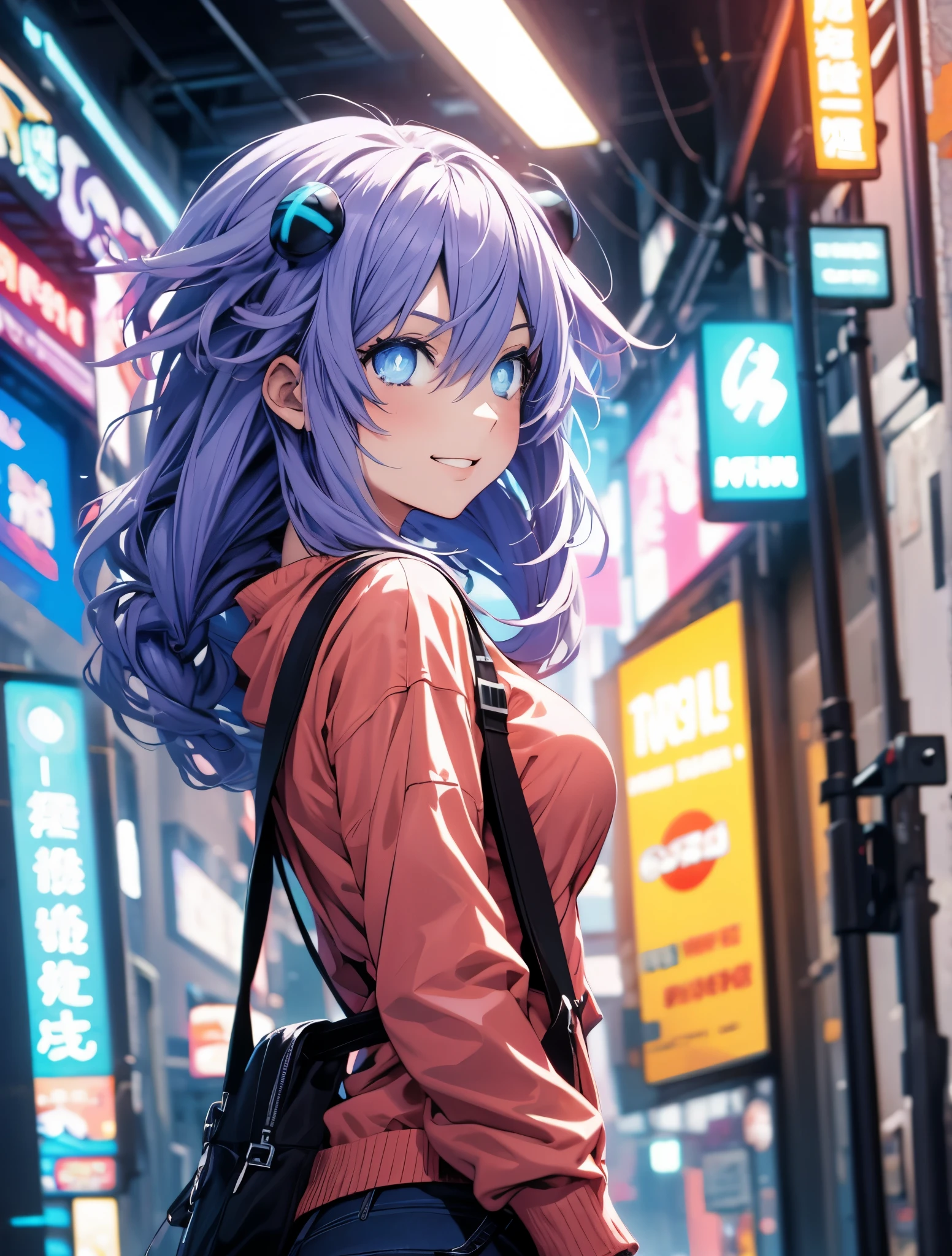 Masterpiece picture quality,Rainbow,Urban girl,ssmile,number art,style of anime,Retro anime girl,Punk girl,in an anime style,dual horsetail,Trendy,neonlight,depth of fields, perfil lateral, adorable, ropa casual