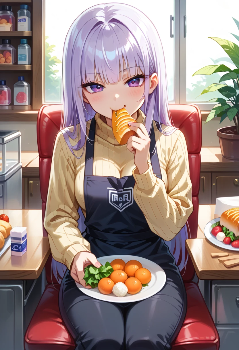 (masterpiece),(best quality),(ultra-detailed), (illustration), (an extremely delicate and beautiful),nsfw BREAK 1 girl,solo,(eating onigiri:1.4),(riceball:1.4),sitting on chair BREAK1 girl,solo,violet long hair,partial bangs hair,purple eyes,medium small breasts,naughty face BREAK yellow ribbed high-neck sweater,black Chino pants,navy apron BREAK in (kindergarten:1.2)