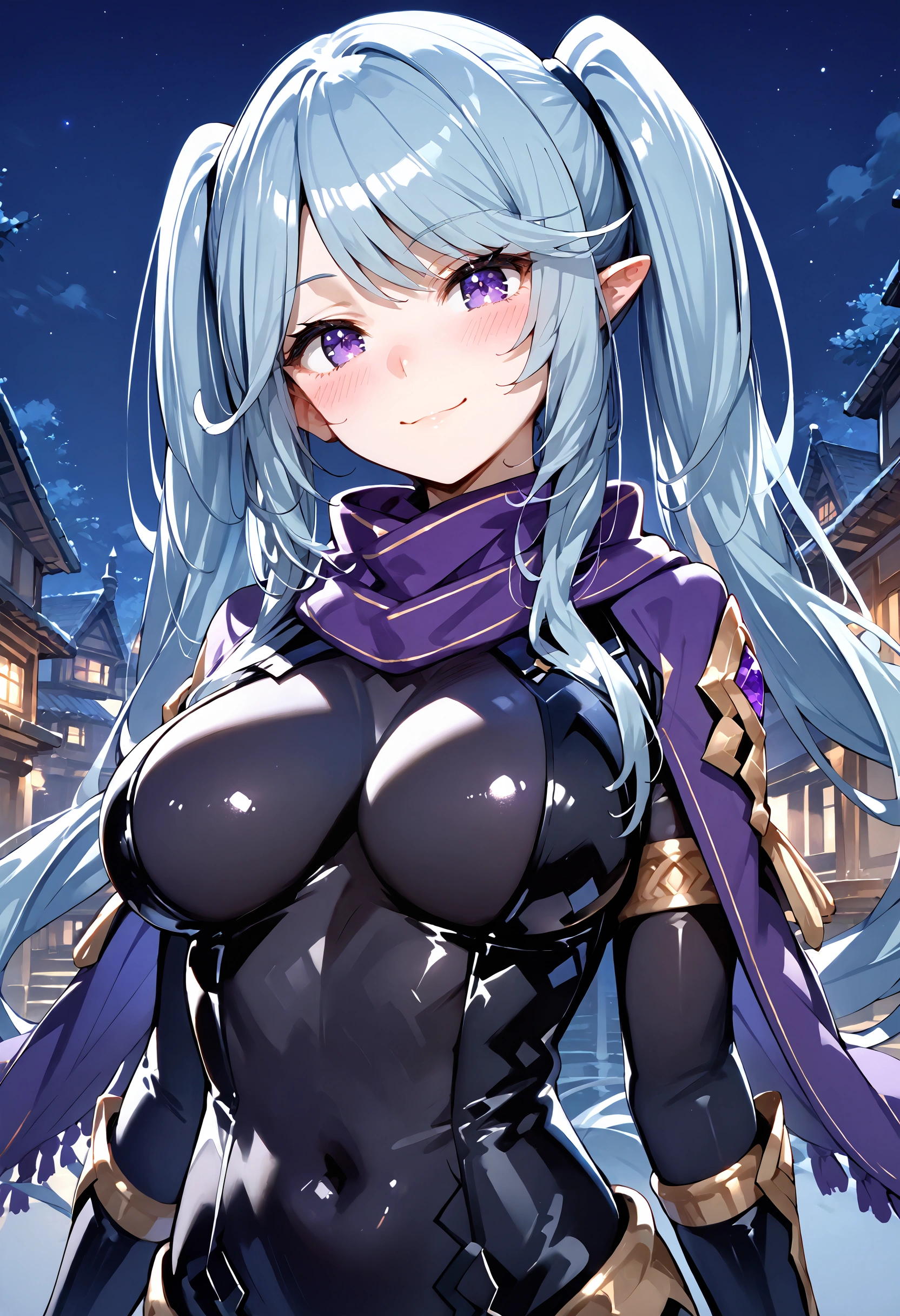 score_9, score_8_up,score_7_up,source_anime,Epsilon_Eminence, 1girl, large breasts, twintails, smile, purple scarf, looking at viewer, black bodysuit, blush, sidelocks, closed mouth, bodysuit,night