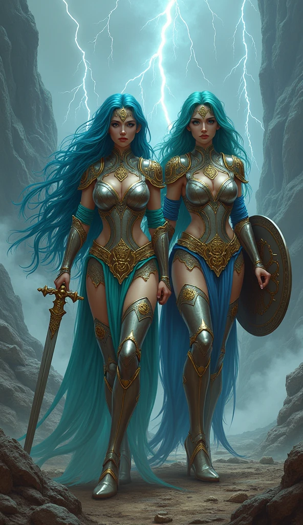 ((slim)) pirate sexywoman, thin waist, 18 years old, ((ornate ((silver)) breastplate armor)), average breasts. (((cleavage))), ((((very long blue skirt)))) with ((((single slit)) on the side)), ((headband)), on a ship, ((gorgeous slim face)), ((long straight flowing hairs)), ((Brown hairs)), sea, bare leg, detailled face, marterwork, serious eyes, intense detailled eyes