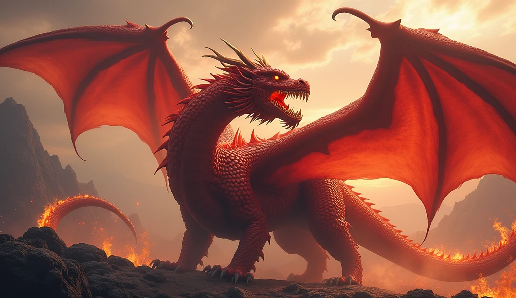 Realistic photos, RAW Photos, red dragon, attacks viewer, Powerful movements, jump on prey, ((Dynamic jump)), Sharp Claws, red dragon approaching from above, sudden approach, Bad-tempered, dynamic Shot from grand