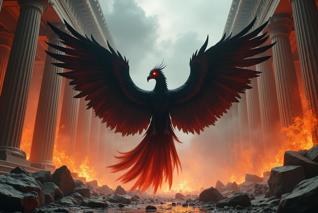 a phoenix bird with blue fire feathers with blue sparks and very large red fire feathers with sparks coming out of the wings. In a cement yard with crosses, tombs and skulls, horror movie style. Realistic photography.