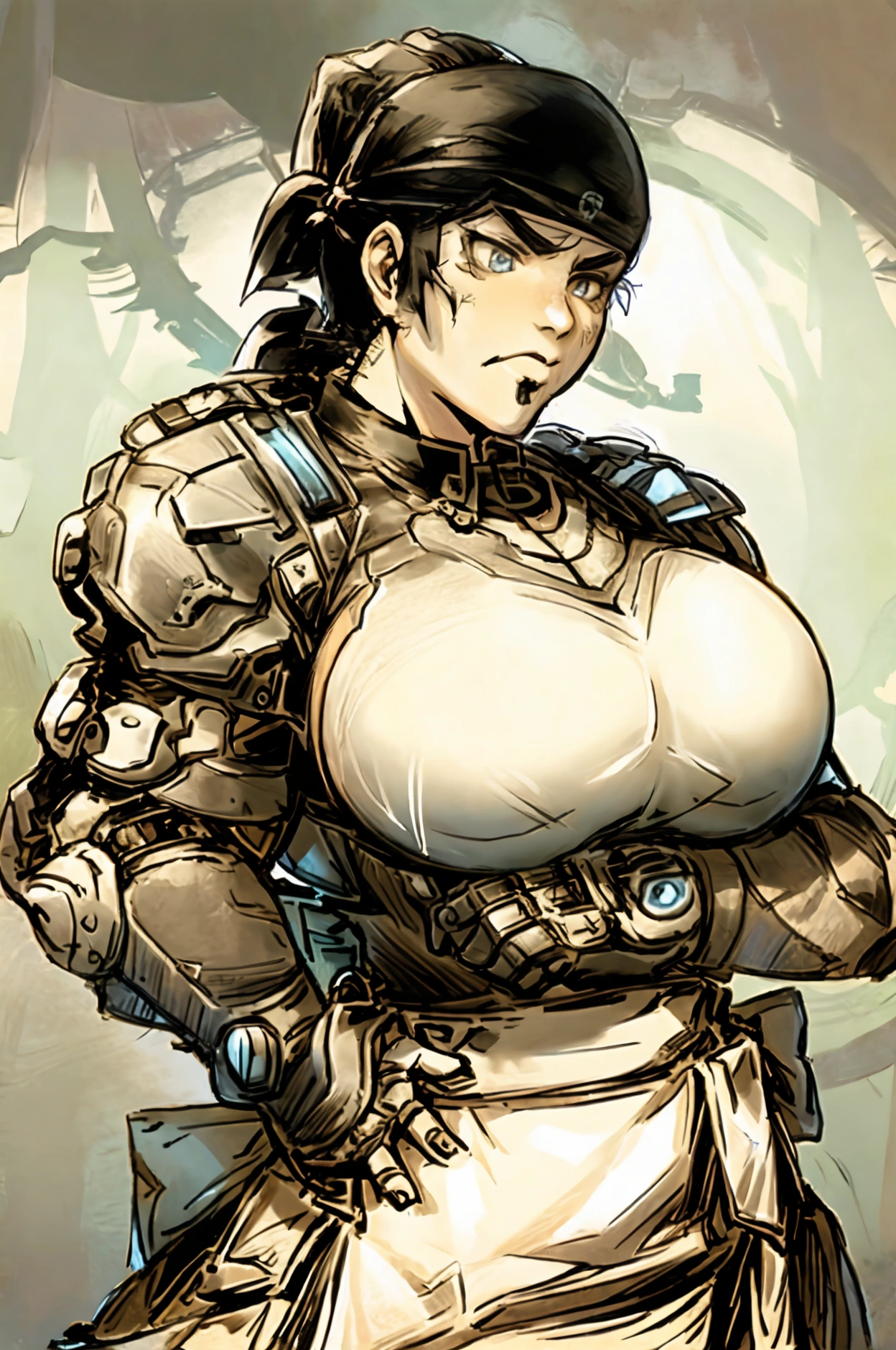 Marcus phoenix from gears of war is he was a cute Japanese maid ((maid dress)), Correct anatomy,  big breasts shirt 