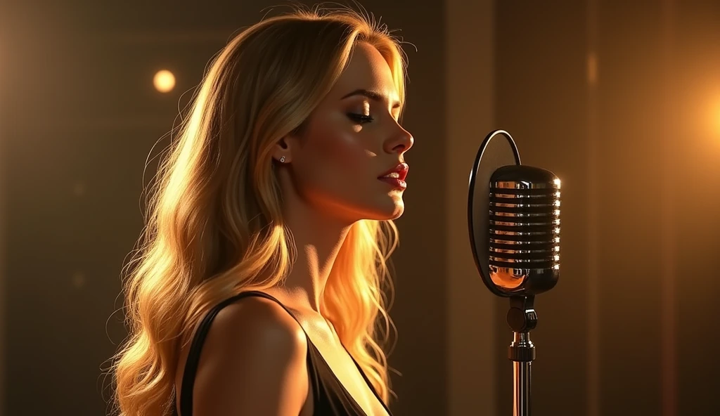 A beautiful female singer in a studio, singing and composing music with the aid of AI, long flowing hair, elegant dress, serene expression, dramatic lighting, cinematic atmosphere, low key color palette, diffused glow, dramatic shadows, highly detailed, award-winning digital art, photorealistic, 8k, best quality, masterpiece
