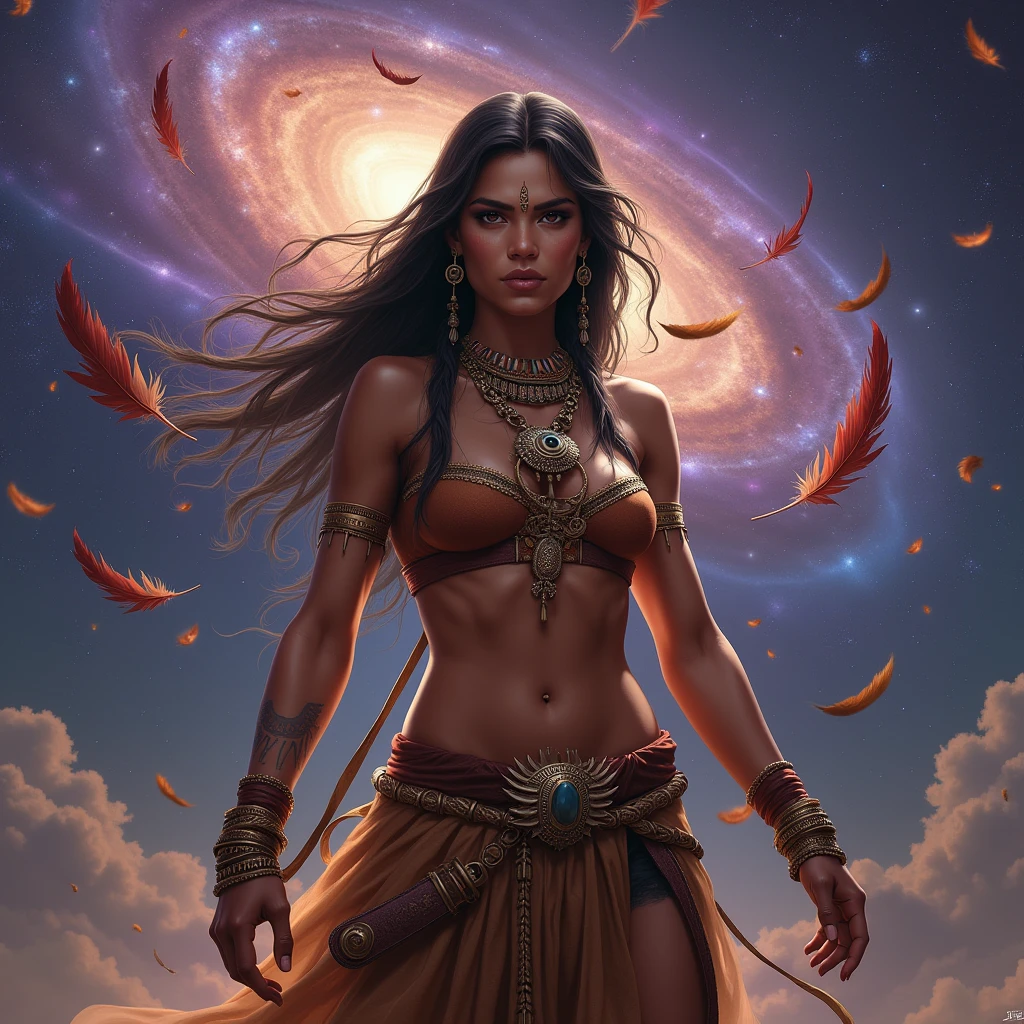 (Hyper Realistic, best quality),16k,(realistic, photo-realistic:1.5), Masterpiece,ultra high res, Stunning, ((35 years old Milf Brazilian Native Wild Tribal Woman:1.4), (Suntan_Dark-Skin:1.4), (Athletic_Muscle_Body_ABS_Thighs:1.4), (fleshy luscious lips:1.4), (Impossing Pose on Futuristic Intricate Golden Place in the Space Galaxy:1.4)), (Gorgeous Very Long Curly Hair:1.4), (Nature Wild Native Tribal Clothes:1.4), (high detailed skin:1.4), (Cleft_Chin:1.4), (Perfect Face:1.3), (beautiful detailed eyes:1.3), naughty face, looking at viewer, Sexy, full-body,natural lighting, (Film grain, Fujifilm XT3, 8k uhd, dslr, Lens), hollywood lips, wide jaw line, wide lips, narrow beautiful nose, (maximalist photo 16k resolution, intricately detailed, complex, elegant, expansive, fantastica), Cinematic, Hyper-detailed, insane details, Beautifully color graded, Unreal Engine, DOF, Super-Resolution, Megapixel, Cinematic Lightning, Anti-Aliasing, FKAA, TXAA, RTX, SSAO, Post Processing, Post Production, Tone Mapping, CGI, VFX, SFX, Insanely detailed and intricate, Hyper maximalist, Hyper realistic, Volumetric, ultra photoreal, ultra-detailed, intricate details, Super detailed, Full color, Volumetric lightning, HDR, Realistic, Unreal Engine, 16K, Sharp focus, octane render