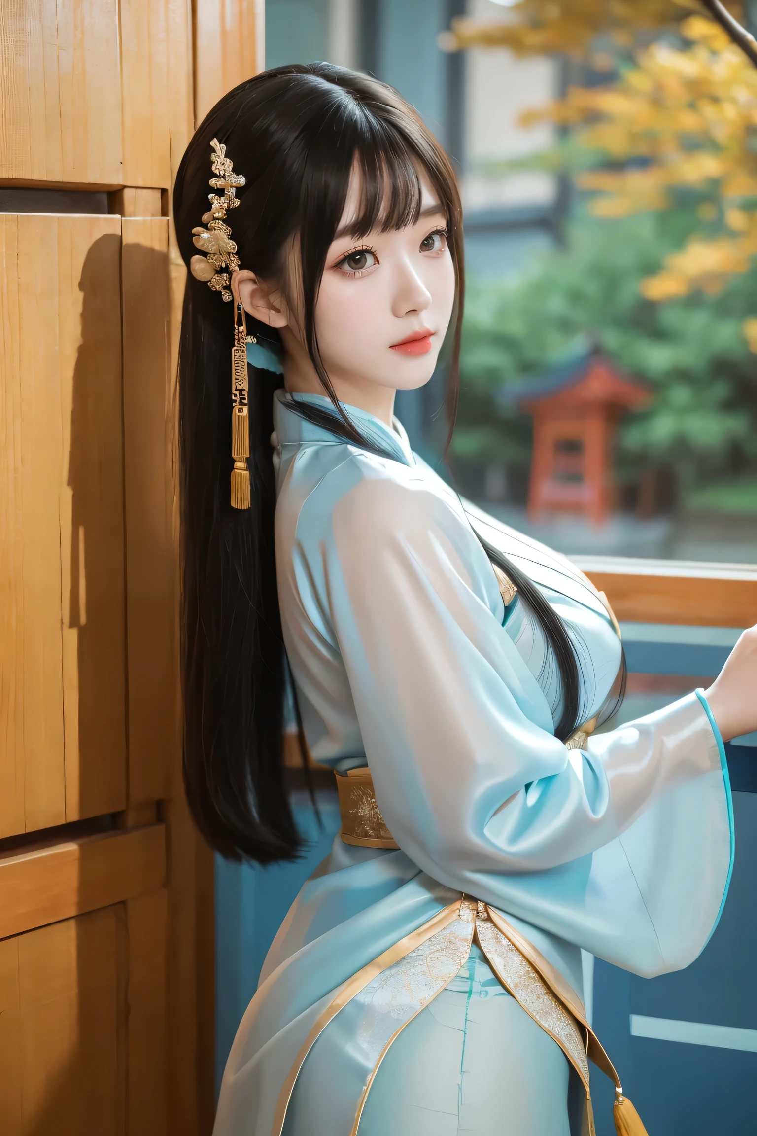 Chinese Gongbi painting, (highest quality, Masterpiece :1.2), (Complex Detail :1.4), (Photo :1.4), Vivid Detail, Super Detail, (Ultra HD, HD CG unified 8K wallpaper), Detail Face, Beautiful Detail eyes, 16k wallpaper, Compensation, (Detailed background :1.2), whole body, Realistic eye and Face Details, Full lips, lip hooks, (compensation), 1 girl, wearing translucent ancient Hanfu that reveals body lines, exposing thighs, wearing black pantyhose, smiling