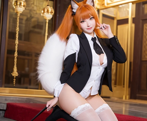 ((best quality)), ((masterpiece)), (detailed), perfect face, fox lady, pretty woman, public, A tail is growing, She has a fluffy tail, She has a fox tail, She wags her tail, troubled face, fur collar, 四つん這いになって