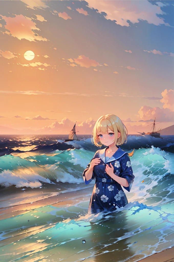 (8k,  super high quality, masterpiece), ( Details),  one woman, cute,  small breasts, blonde, Navy Blue Dress, Floral, Sandals, Hawaiian Dress, whole body, soaked,  like a , The best smile, sea, sea水浴, Water Drop,  soaked in water up to my chest, Lots of water, 