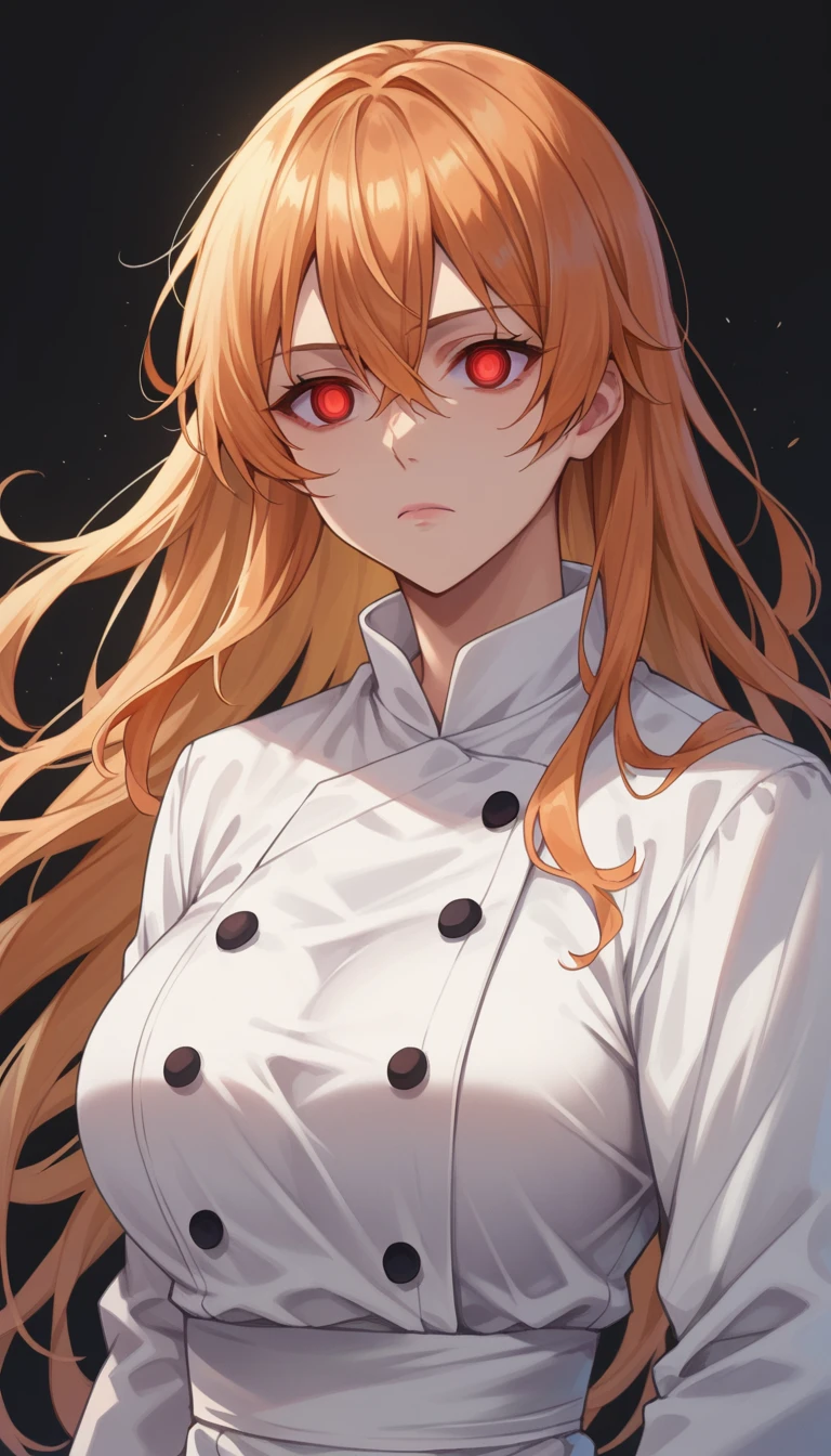 score_9, score_8_up, score_7_up, score_6_up, score_5_up, score_4_up, BREAK source_anime,1girl,erina nakiri, long hair, orange hair, hair between eyes,(Red eyes), glowing eyes,Huge breasts,((empty eyes)),Expressionless,(stand up), ((Black chef )), cowboy shot, black background, simple background,