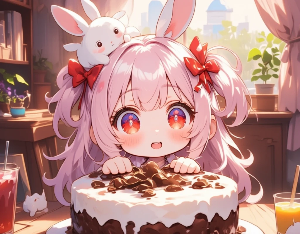  1 girl\(Chibi,cute,cute,   smaller ,  Pink Hair,   very long hair   ,bangs,\(Fluffy white rabbit \), bunny tail, red eyes,  Big Eye,    Beautiful Sparkling Eyes , big star-shaped pupils:1.2,  open your mouth wide, Round Mouth, Surprise, Upper teeth visible,  white skin,Big hair ribbon,   Pink Ruffle Dress, Chest, full body\), Big cake,  cute face,  Painted with Chocolates , On a plate, Wooden table, cute家, とってもcute家,  Fluffy Curtains , window