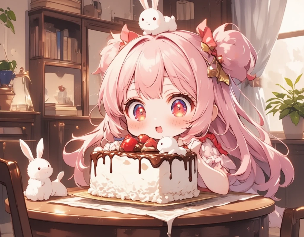  1 girl\(Chibi,cute,cute,   smaller ,  Pink Hair,   very long hair   ,bangs,\(Fluffy white rabbit \), bunny tail, red eyes,  Big Eye,    Beautiful Sparkling Eyes , big star-shaped pupils:1.2,  open your mouth wide:1.2, Round Mouth, Surprise, Upper teeth visible,  white skin,Big hair ribbon,   Pink Ruffle Dress, Chest, full body\), Big cake, Looks delicious, Pretty Face on Cake ,  Painted with Chocolates , A lot of strawberries were on it:1.1, On a plate, Wooden table, cute家, とってもcute家, colorful, Warm colors, Friendly atmosphere,  Fluffy Curtains , 窓 BREAK UHD, high details, best quality