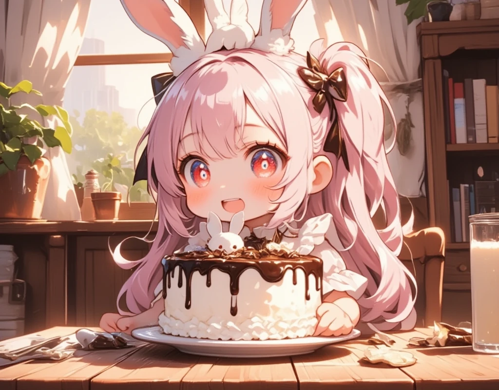  1 girl\(Chibi,cute,cute,   smaller ,  Pink Hair,   very long hair   ,bangs,\(Fluffy white rabbit \), bunny tail, red eyes,  Big Eye,    Beautiful Sparkling Eyes , big star-shaped pupils:1.2,  open your mouth wide:1.2, Round Mouth, Surprise, Upper teeth visible,  white skin,Big hair ribbon,   Pink Ruffle Dress, Chest, full body\), Big cake, Looks delicious, Pretty Face on Cake ,  Painted with Chocolates , A lot of strawberries were on it:1.1, On a plate, Wooden table, cute家, とってもcute家, colorful, Warm colors, Friendly atmosphere,  Fluffy Curtains , 窓 BREAK UHD, high details, best quality