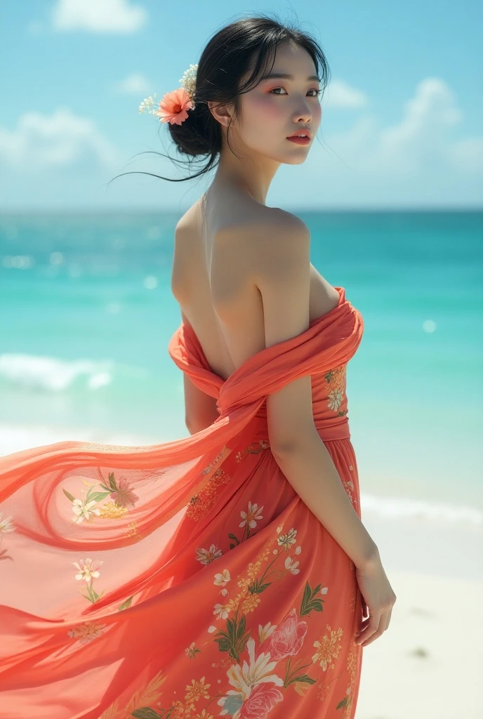 A breathtakingly beautiful Japanese model emerges from the crystal-clear waters of a secluded tropical beach. Her long, raven hair cascades down her shoulders, glistening like strands of obsidian under the warm sunlight. Her piercing azure eyes sparkle with an otherworldly allure, captivating all who gaze upon them. Her porcelain skin, untouched by the sun's rays, exudes a radiant glow, accentuating her delicate features.
She stands gracefully on the soft, white sand, her slender figure draped in a flowing crimson kimono, the intricate embroidery shimmering like delicate jewels. The kimono's vibrant hues contrast strikingly with the tranquil turquoise waters that caress her feet, creating a mesmerizing visual harmony.
The gentle sea breeze dances around her, playfully tousling her raven locks and caressing her flawless skin. The sun's rays kiss her cheek, casting a warm, golden glow upon her exquisite features. She raises her gaze towards the horizon, her lips curving into a subtle smile that radiates an aura of captivating charm.