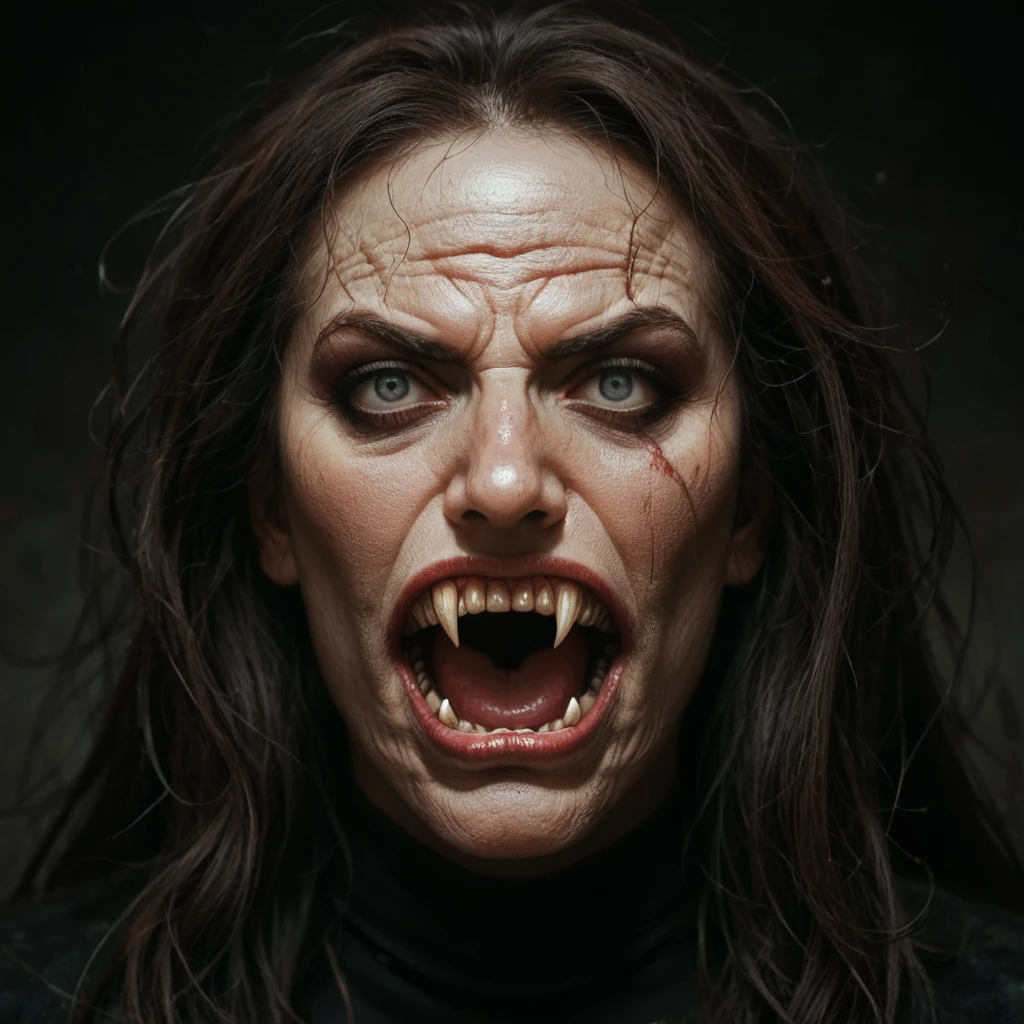 a woman with bulging eyes showing her long fangs, dressed in black, had a scary face and seemed to want to pounce