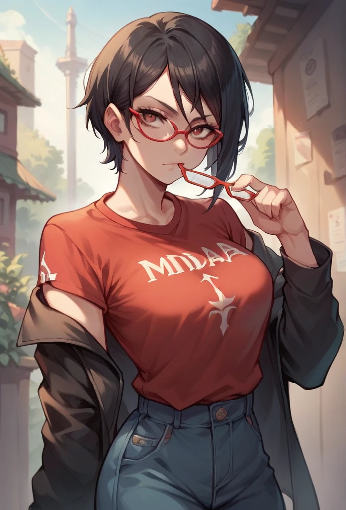 Sarada Uchiha, Character from the series Boruto  ,  short black hair  , wear glasses, his eyes are black,  wears a red shirt like the series a short short medium breasts growing High resolution,  masterpiece ,  lyrics, 