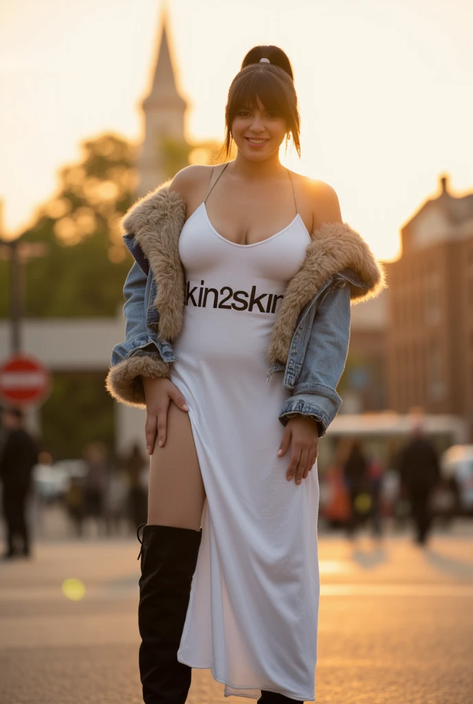Create an image featuring a confident young woman named Mia Lopez, poised in front of a bustling cityscape. Mia exudes determination and ambition, with a subtle hint of mystery in her expression. Incorporate elements that reflect her multicultural background and her passion for technology