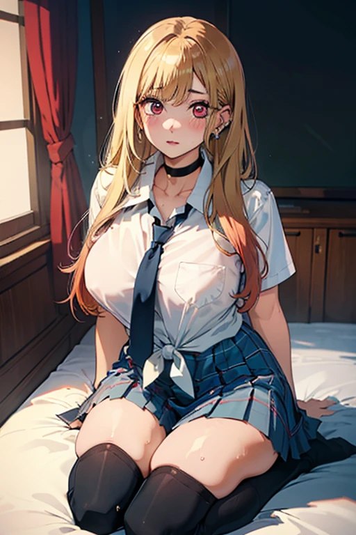 ((masterpiece:1.2)), best quality, ultra high res, beautiful detailed hair detailed face, perfect feminine face, beautiful detailed eyes, 8k, フォトリアリスティック, (finely detailed beautiful eyes and detailed face cg), (anime), BREAK, kitagawa marin, 1girl, blonde hair, long hair, multicolored hair, red eyes, jewelry, earrings, piercing, school uniform, white shirt, tied shirt, black choker, blue necktie, plaid skirt, BREAK, huge breast, sagging breast, chubby:1.2, thick thigh, sweat:1.2, blush:1.2, fat, full body