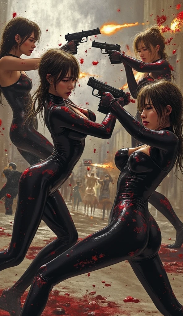 Five women in full rubber suits, carrying a laser gun, were firing guns at each other, were shot in the abdomen, bleeding breasts, in a painful gesture.