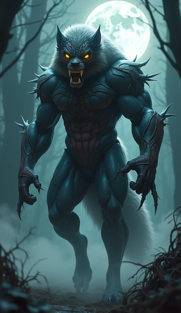 Giant bright blue one-eyed monster, evening, rain, forest, fire around