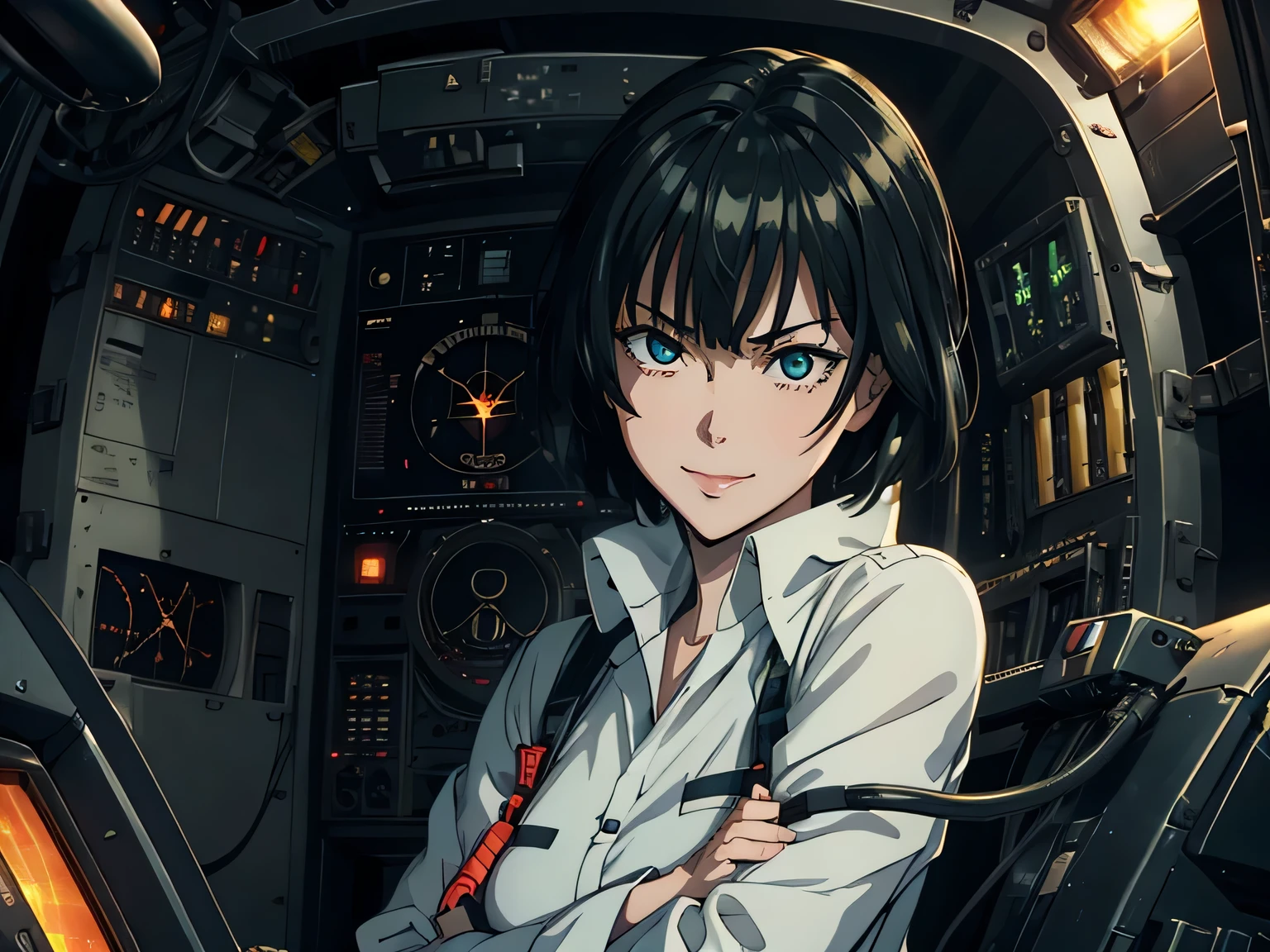 anime、High image quality、 high resolution on down、A female scientist 、 Miniskirt、(( Fearless Smile ))、earth defense force、 space station laboratory 、 tense scene for you 、((( operating an instrument panel )))、 lamp flashing 、 monitor、