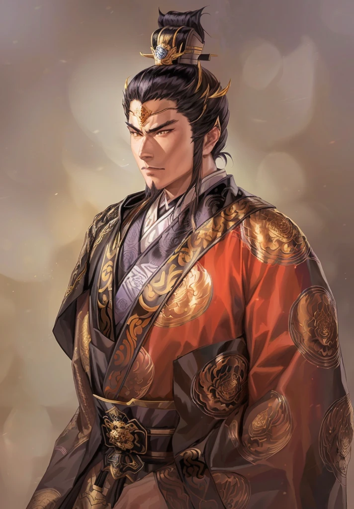  close-up of a man dressed in black and gold, Cool Demon Slayer style handsome guy ,   dressed in old samurai clothing , Beautiful character painting,  Yagaki Kanosuke, author：Okada Kita San, Taisho Rome，Young Arabs ，Wears a silver crown on his head