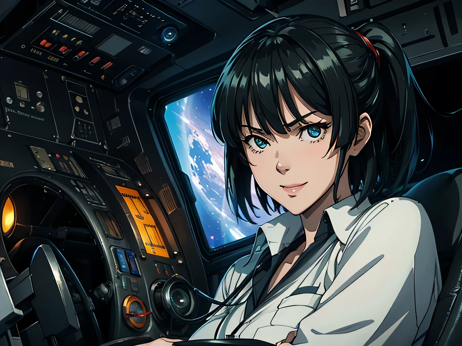 anime、High image quality、 high resolution on down、A female scientist 、 Miniskirt、(( Fearless Smile ))、earth defense force、 space station laboratory 、 tense scene for you 、((( operating an instrument panel )))、 lamp flashing 、 monitor、