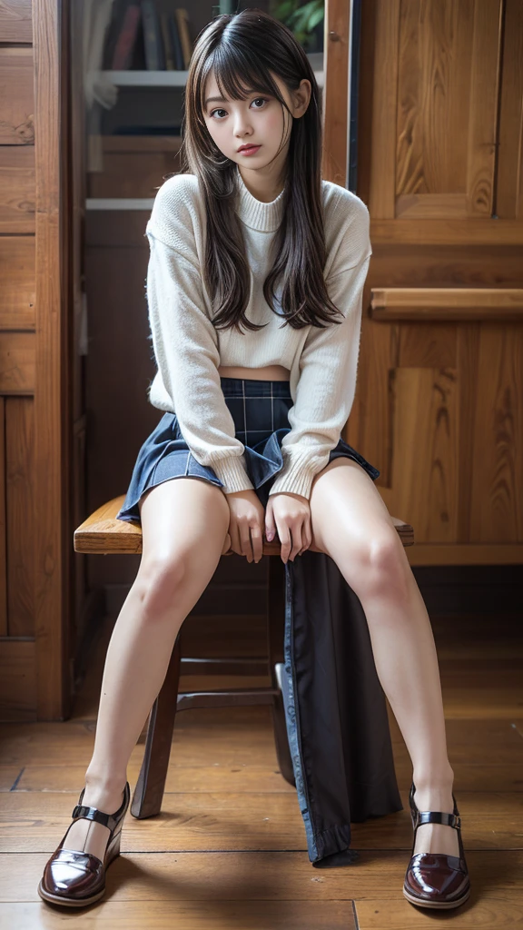 Little girl on top，Looking down，from below，Flat sandals，Sit in a high chair，Mocking expressions，happy laugh