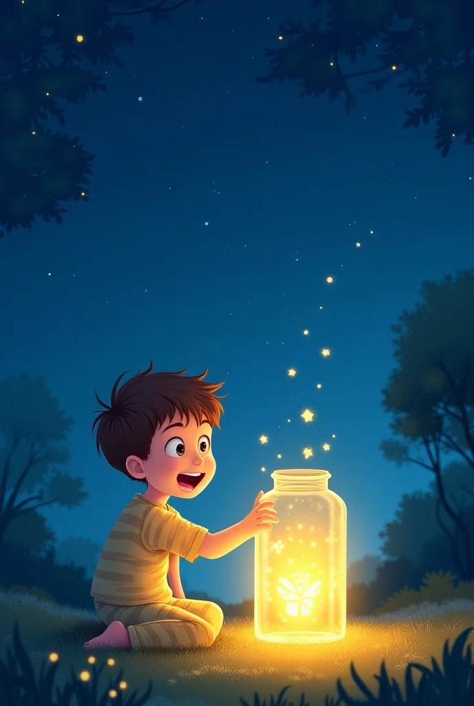 Create a night image in a field with a house in the background and a child approximately 12 to 11 years old trying to catch fireflies in a 2D theme