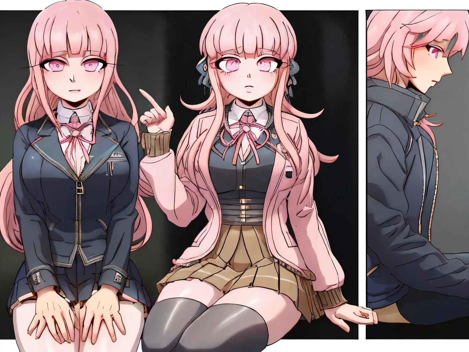 strongbanastylems,Good resolution,only one girl,chiaki nanami, blunt bangs, pink hair, hair ornament, medium hair, (pink eyes:1.5),very big tits, perfect face, detailed eyes, full body,detailed body, detailed eyes, detailed face, detailed hair,black shirt, black jacket, jacket, long sleeves, neck ribbon, open clothes, open jacket, over-kneehighs, pink ribbon, pleated skirt, ribbon, shirt, skirt, thighhighs, two-tone shirt, white shirt,Good quality, perfect quality, master quality, beautiful eyes, sitting,cel-shading