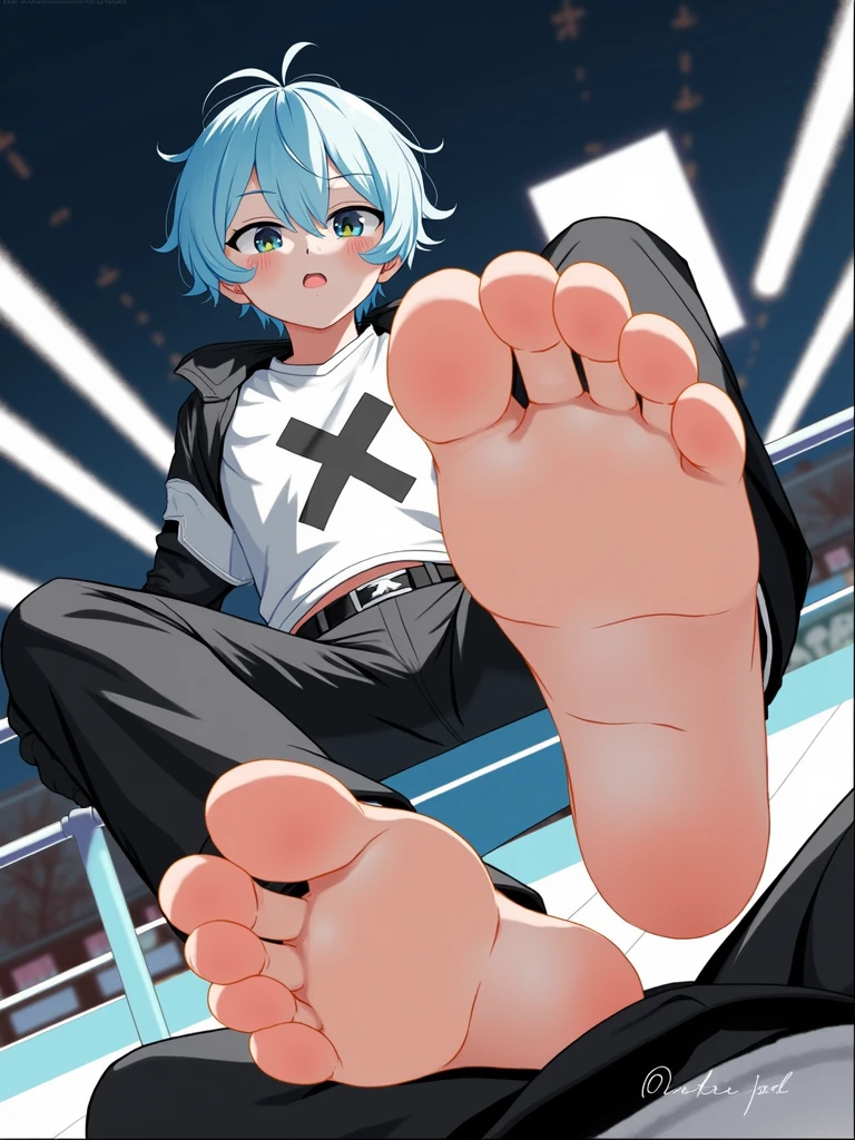 A cute boy showing his stinky feet low angle,barefoot, Foot Focus,White T-shirt,Foot Focus，Sweating on the soles of the feet， Black Hooded Jacket, There are bangs between the eyes,short hair,Light blue hair, Black pants, Anatomically correct, There is a single blue horn in the middle of the head, black eyes, Looking at the audience，Confuse，Sitting on another man&#39;s body，Sitting on his body，Sitting on the audience&#39;s body，Cute boy&#39;s ass sits on another man&#39;s body，Subjective perspective。First Perspective，The boy sits on your body，Sit on your belly，观众要从First Perspective看到自己的身体，Audience members wearing white shirts，