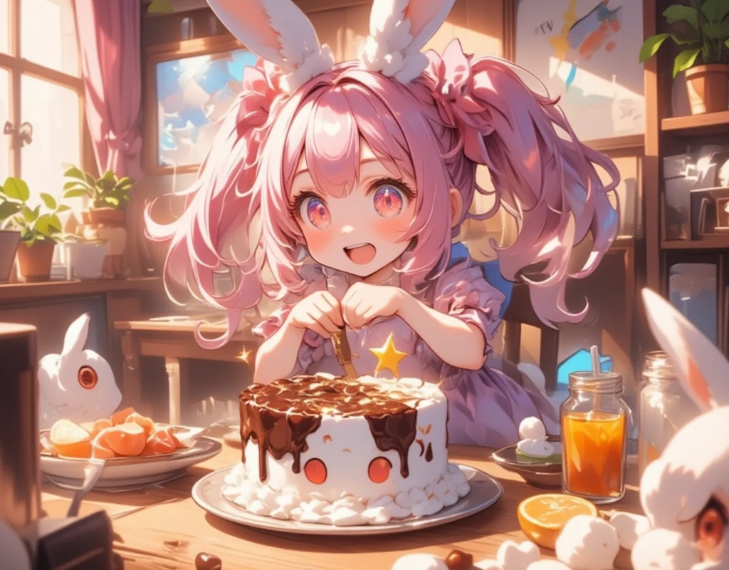  1 girl\(Chibi,cute,cute,   smaller ,  Pink Hair,   very long hair   ,bangs,\(Fluffy white rabbit \), bunny tail, red eyes,  Big Eye,    Beautiful Sparkling Eyes , big star-shaped pupils:1.2,  open your mouth wide:1.2, Round Mouth, Surprise, Upper teeth visible,  white skin,Big hair ribbon,   Pink Ruffle Dress, Chest, full body\), Big cake, Pretty Face on Cake ,  Painted with Chocolates , On a plate, Wooden table, cute家, とってもcute家, colorful, Warm colors, Friendly atmosphere,  Fluffy Curtains , 窓 BREAK UHD, high details, best quality