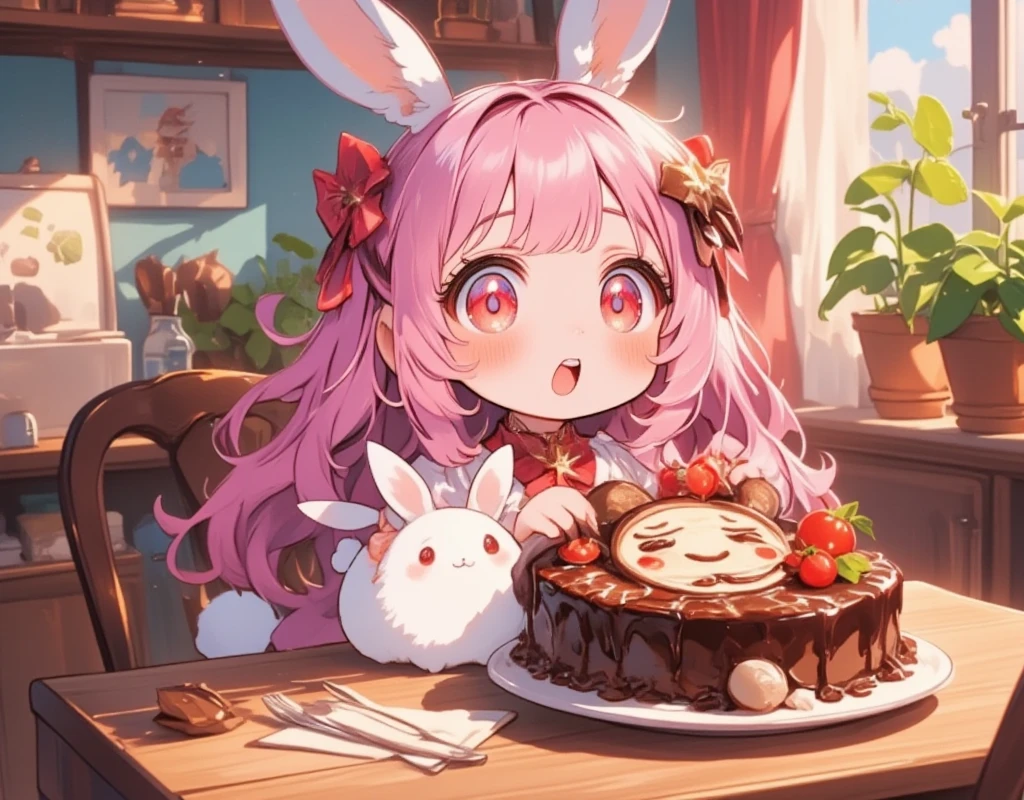  1 girl\(Chibi,cute,cute,   smaller ,  Pink Hair,   very long hair   ,bangs,\(Fluffy white rabbit \), bunny tail, red eyes,  Big Eye,    Beautiful Sparkling Eyes , big star-shaped pupils:1.2,  open your mouth wide:1.2, Round Mouth, Surprise, Upper teeth visible,  white skin,Big hair ribbon,   Pink Ruffle Dress, Chest, full body\), Big cake, Looks delicious, Pretty Face on Cake ,  Painted with Chocolates , A lot of strawberries were on it:1.1, On a plate, Wooden table, cute家, とってもcute家, colorful, Warm colors, Friendly atmosphere,  Fluffy Curtains , 窓 BREAK UHD, high details, best quality