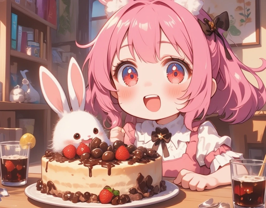  1 girl\(Chibi,cute,cute,   smaller ,  Pink Hair,   very long hair   ,bangs,\(Fluffy white rabbit \), bunny tail, red eyes,  Big Eye,    Beautiful Sparkling Eyes , big star-shaped pupils:1.2,  open your mouth wide:1.2, Round Mouth, Surprise, Upper teeth visible,  white skin,Big hair ribbon,   Pink Ruffle Dress, Chest, full body\), Big cake, Looks delicious, Pretty Face on Cake ,  Painted with Chocolates , A lot of strawberries were on it:1.1, On a plate, Wooden table, cute家, とってもcute家, colorful, Warm colors, Friendly atmosphere,  Fluffy Curtains , 窓 BREAK UHD, high details, best quality