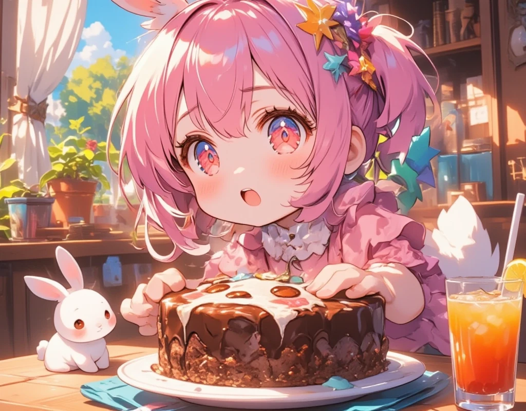  1 girl\(Chibi,cute,cute,   smaller ,  Pink Hair,   very long hair   ,bangs,\(Fluffy white rabbit \), bunny tail, red eyes,  Big Eye,    Beautiful Sparkling Eyes , big star-shaped pupils:1.2,  open your mouth wide:1.2, Round Mouth, Surprise, Upper teeth visible,  white skin,Big hair ribbon,   Pink Ruffle Dress, Chest, full body\), Big cake, Looks delicious, Pretty Face on Cake ,  Painted with Chocolates , A lot of strawberries were on it:1.1, On a plate, Wooden table, cute家, とってもcute家, colorful, Warm colors, Friendly atmosphere,  Fluffy Curtains , 窓 BREAK UHD, high details, best quality